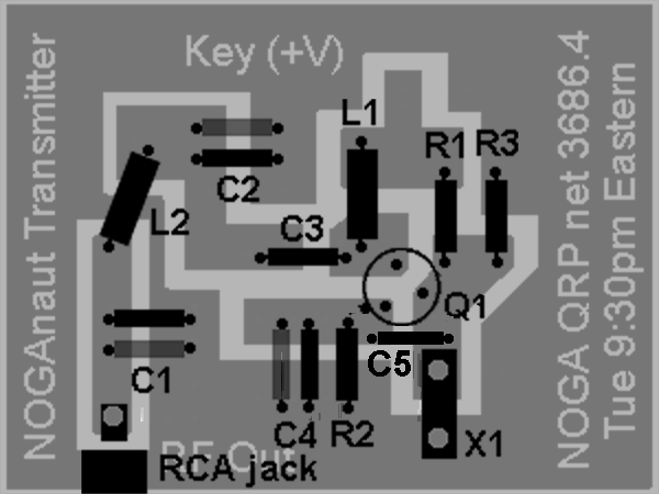 Figure 2.  NOGAnaut PC board traces and parts layout.